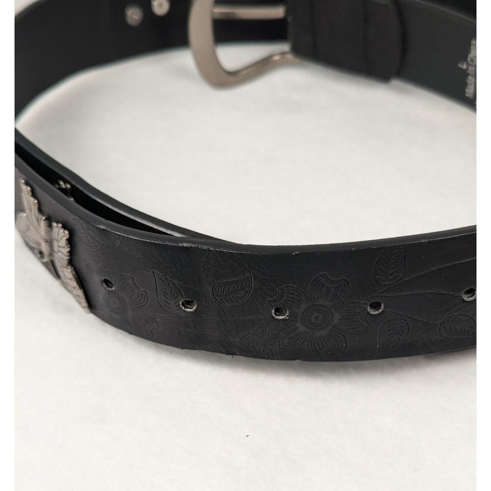 No Boundaries Black Embossed Floral Butterfly Belt Size Large Y2K silver tone - Picture 2 of 9